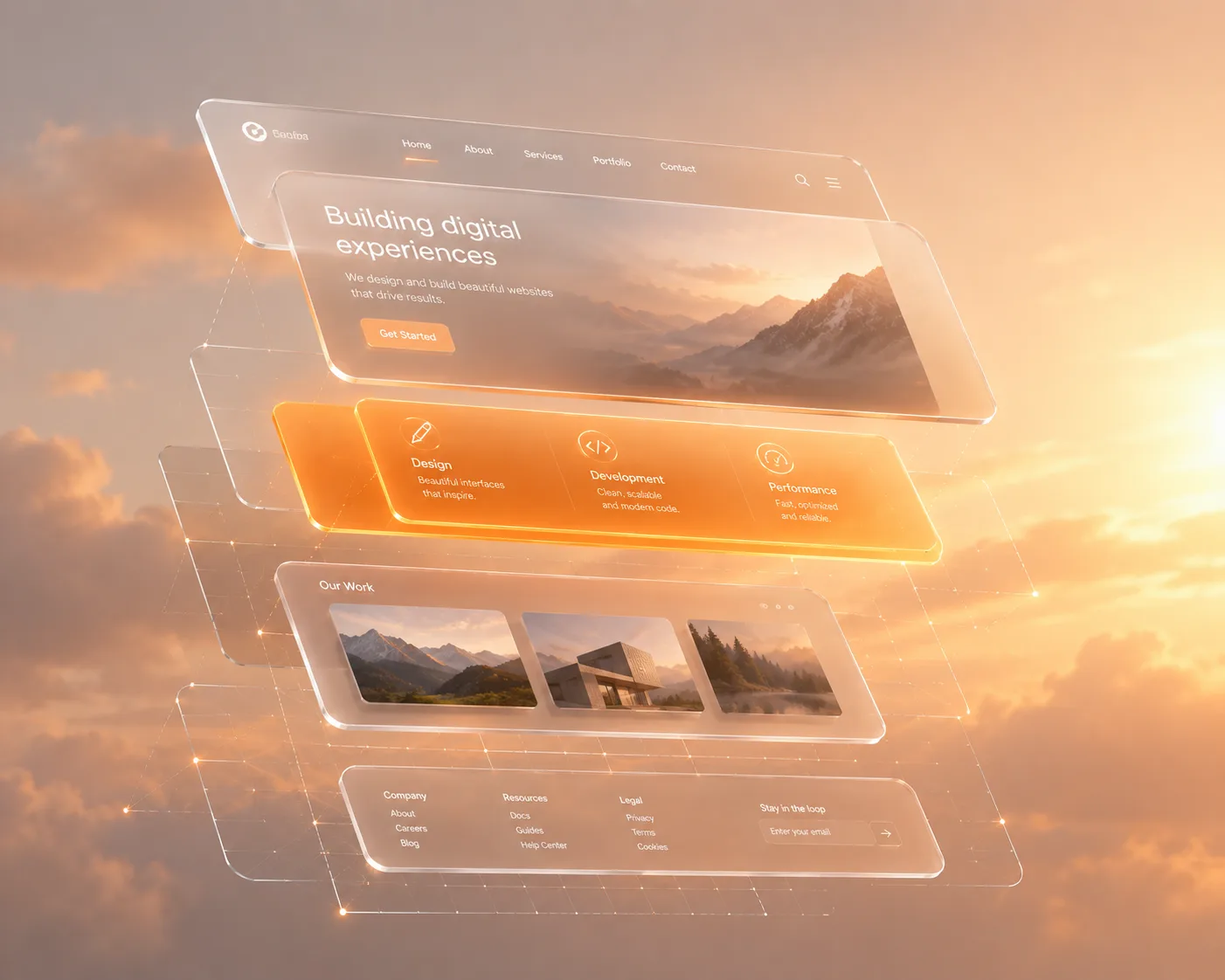 Layered translucent glass panels showing a website interface being composed, floating against a warm golden sky