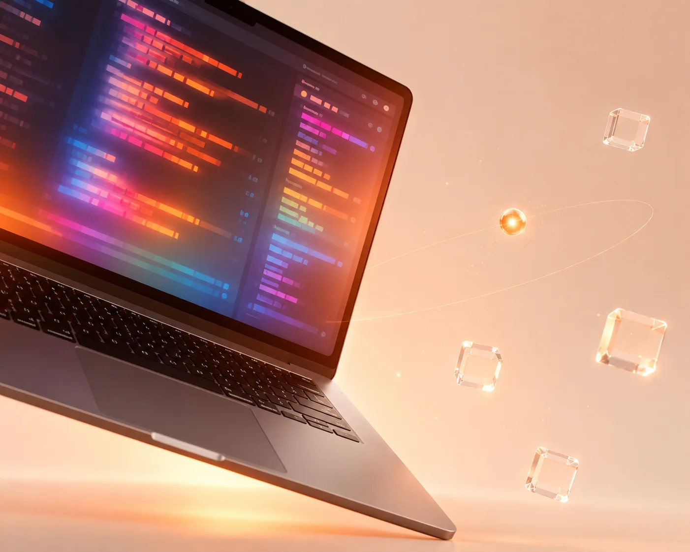 A laptop showing a colourful code editor beside a glowing orange spark and floating glass shapes, representing the software DevSpark Digital builds